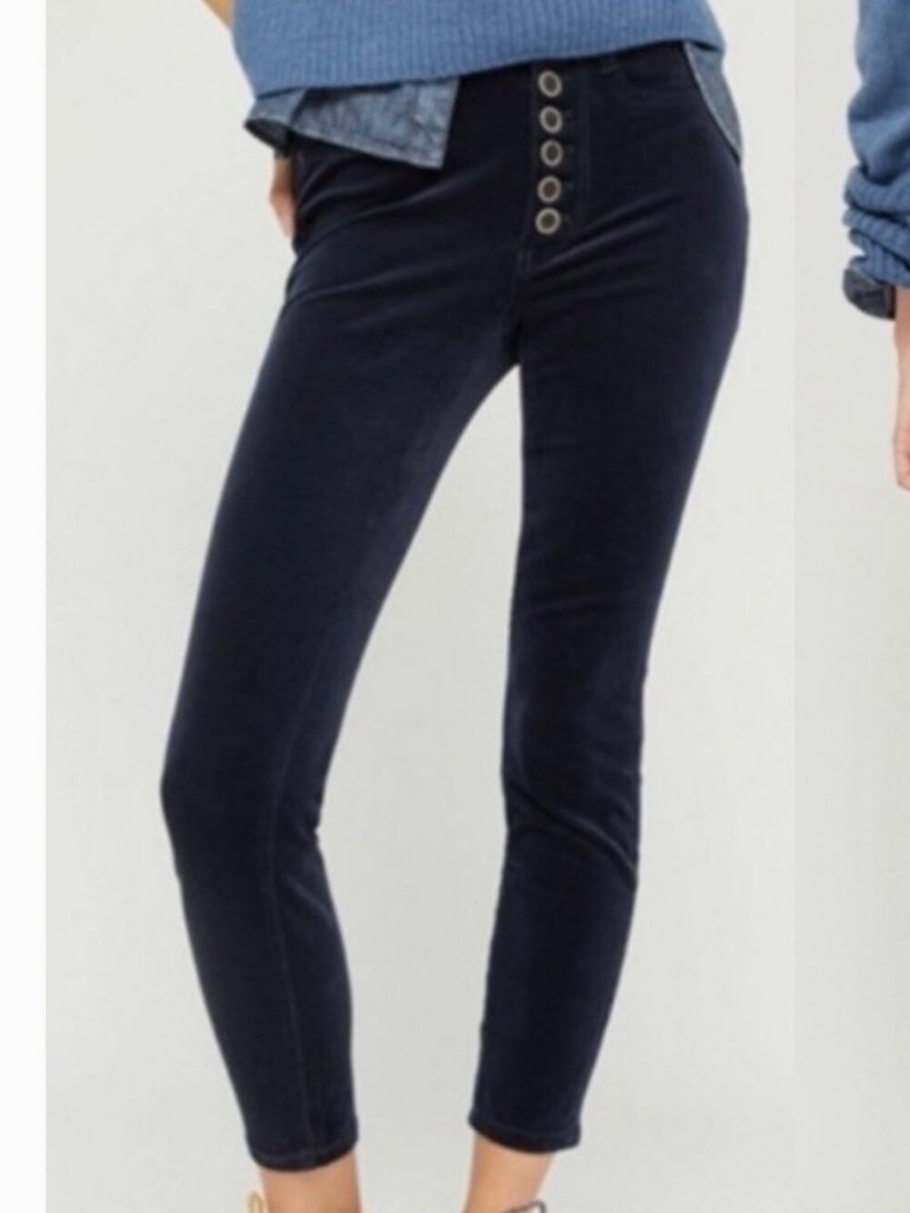 High-Rise Navy Button-Front Slim Pants